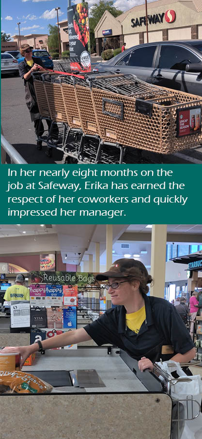 Erika working at Safeway pushing baskets and assisting at the counter..